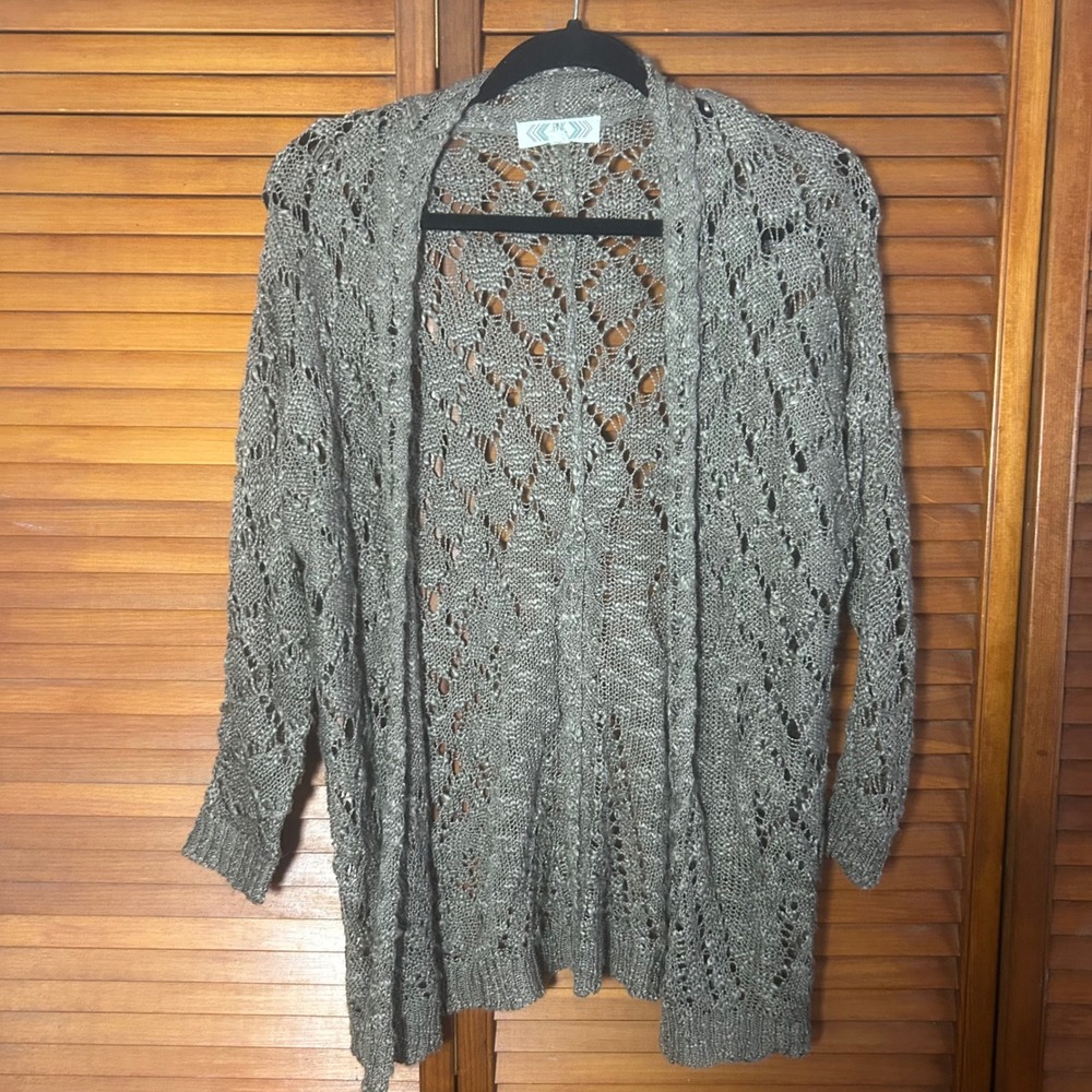 Pink Rose Boho Taupe Pointelle Knit Open Front Cardigan Sweater Womens Small